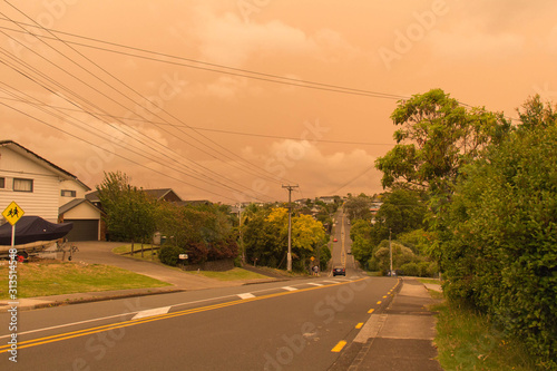 Haze from Australia's bushfires hangs over North Shore in Auckland, New Zealand.