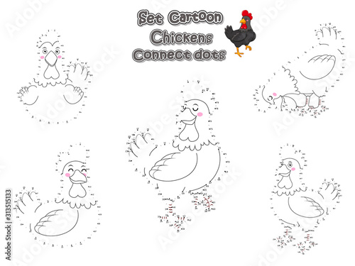 Connect The Dots and Draw Cute Chickens Cartoon Set. Educational Game for Kids. Vector Illustration Animal Frame