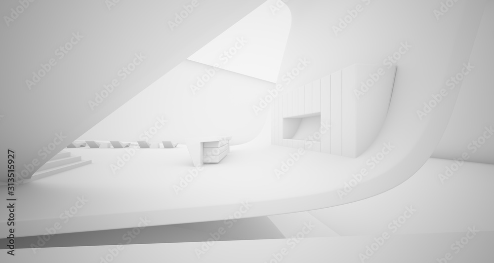 Fototapeta premium Abstract architectural smooth white interior of a minimalist house with swimming pool. 3D illustration and rendering.