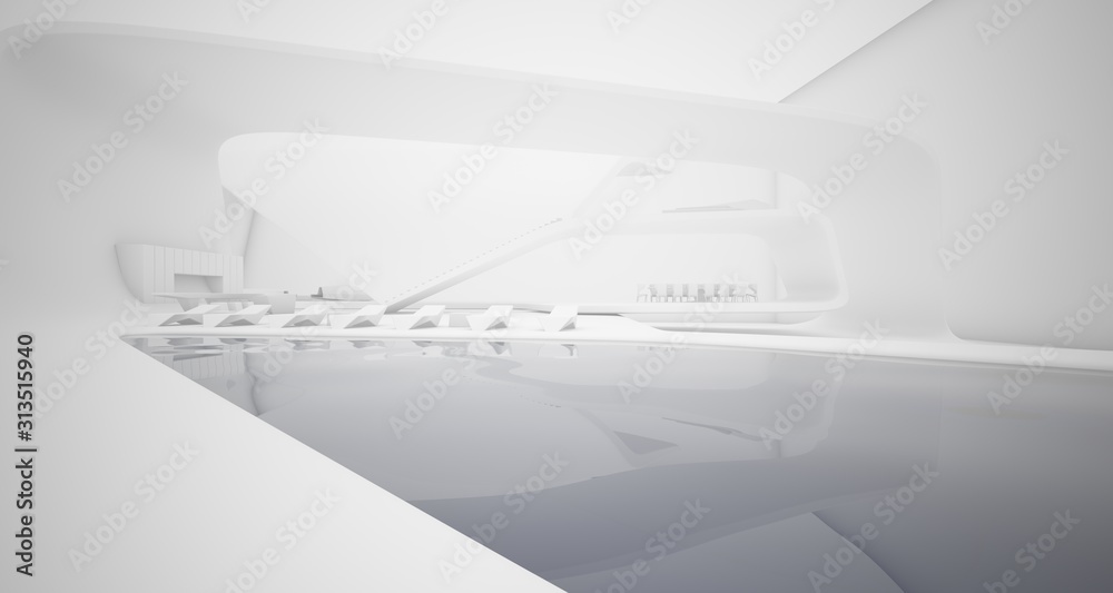Abstract architectural smooth white interior of a minimalist house with swimming pool. 3D illustration and rendering. Abstract architectural smooth white interior of a minimalist house with swimming pool. 3D illustration and rendering.