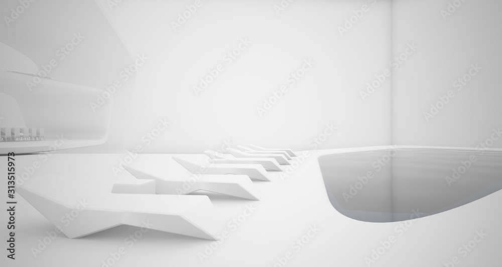 Abstract architectural smooth white interior of a minimalist house with swimming pool. 3D illustration and rendering. Abstract architectural smooth white interior of a minimalist house with swimming pool. 3D illustration and rendering.