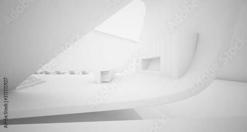 Abstract architectural smooth white interior of a minimalist house with swimming pool. 3D illustration and rendering.