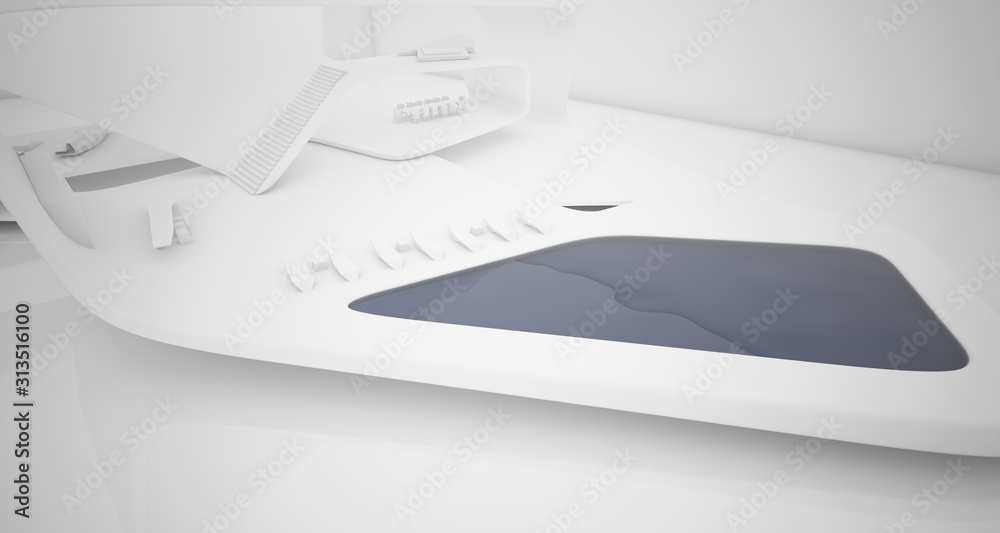 Abstract architectural smooth white interior of a minimalist house with swimming pool. 3D illustration and rendering. Abstract architectural smooth white interior of a minimalist house with swimming pool. 3D illustration and rendering.