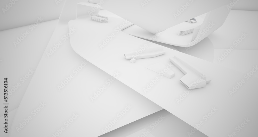 Abstract architectural smooth white interior of a minimalist house with swimming pool. 3D illustration and rendering.