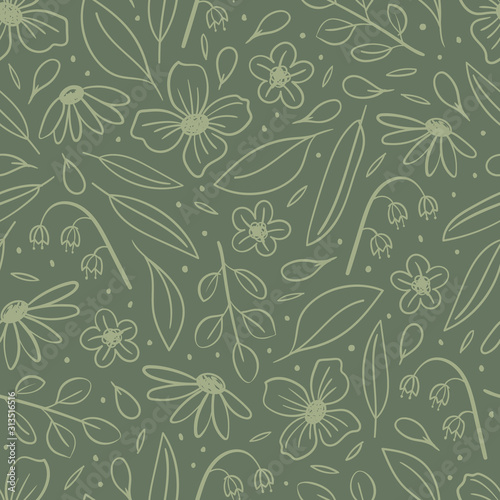 Seamless vector pattern with hand drawn flowers and leaves in light green on a dark green background. Beautiful modern botanical floral design for wrapping paper, stationery, packaging, fabric.