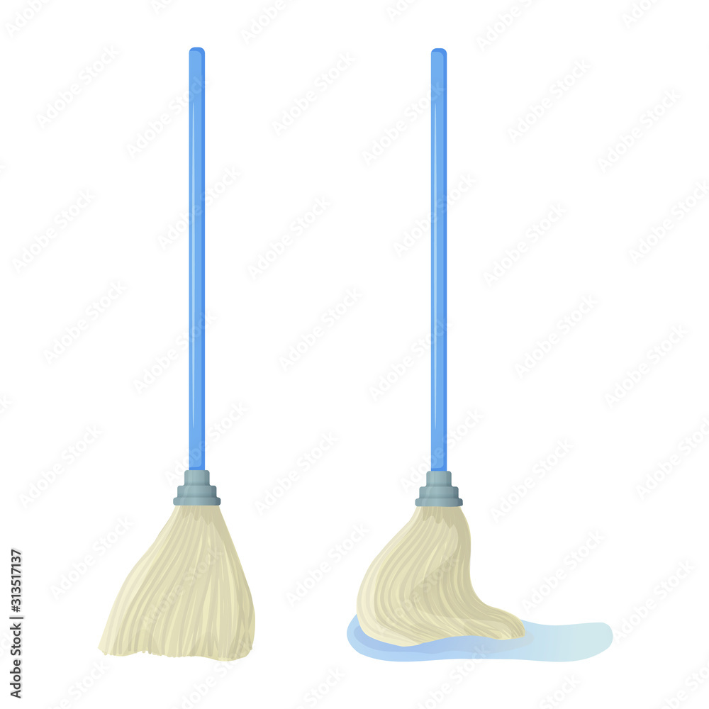 Cartoon swab stock vector illustration. Mop wipes a puddle. Cleaning services, household concept. Equipment for housework elements isolated on white background. Cartoon swab stock vector illustration. Mop wipes a puddle. Cleaning services, household concept. Equipment for housework elements isolated on white background.
