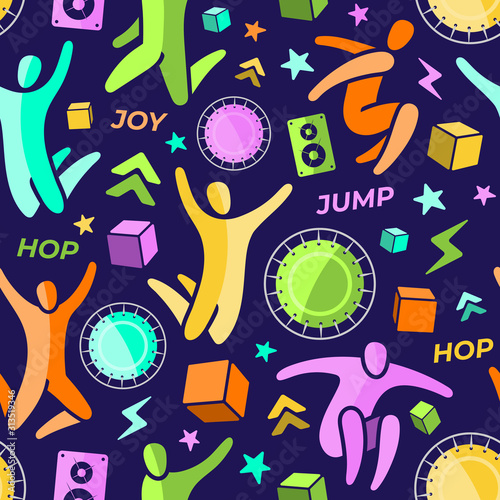 Repeating seamless pattern, swatch. Set of icons: jumping people, top view trampoline, sound speaker, foam rubber cubes, lightning, chevron. Trampoline, amusement park concept. Flat vector EPS 10