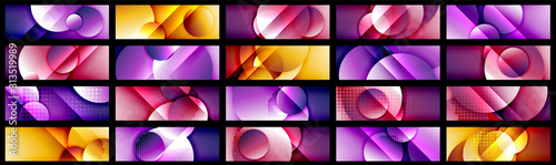 Mega collection of dynamic trendy geometrical abstract backgrounds. Circles, round shapes 3d shadow effects and fluid gradients. Modern overlapping round forms