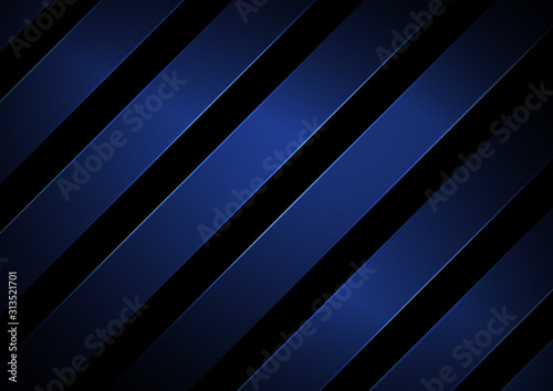 Abstract stripes geometric diagonal lines blue color with lighting on black background.