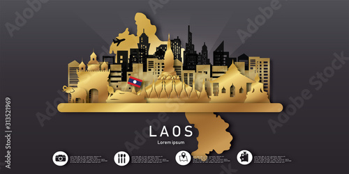 Travel Laos panorama postcard, poster, tour advertising of world famous landmarks in paper cut style. Vectors illustrations