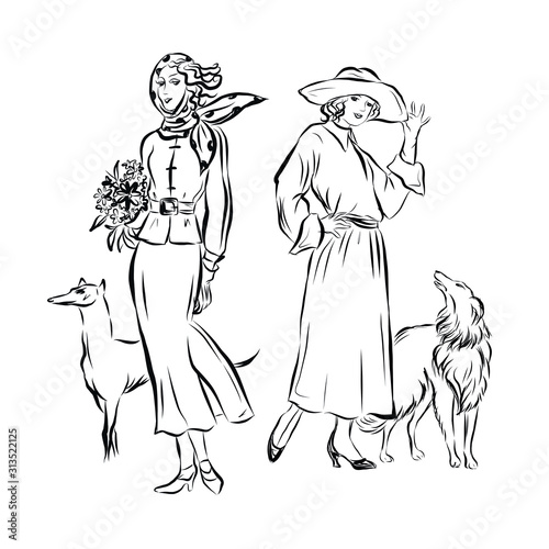 Elegant vintage woman with dog. Female model dressed in 19th century style clothes. Old fashioned. Nostalgia time. Romantic victorian elegant people.
