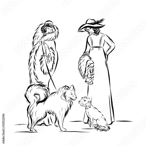 Elegant vintage woman with dog. Female model dressed in 19th century style clothes. Old fashioned. Nostalgia time. Romantic victorian elegant people.