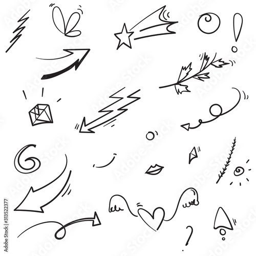 hand drawn Abstract arrows, ribbons and other elements in hand drawn style for concept design Doodle illustration for decoration