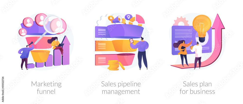Customer engagement. Sales conversions and traffic increase strategies. Marketing funnel, sales pipeline management, sales plan for business metaphors. Vector isolated concept metaphor illustrations.