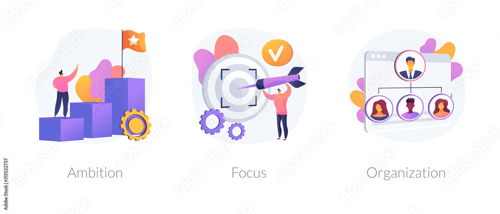 Business determination and development. Self improvement, marketing target, corporate management. Ambition, focus, organization metaphors. Vector isolated concept metaphor illustrations.