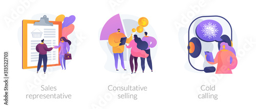 Marketing strategies. Sales promotion activities, customer support and advertising. Sales representative, consultative selling, cold calling metaphors. Vector isolated concept metaphor illustrations.