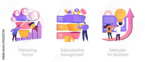 Customer engagement. Sales conversions and traffic increase strategies. Marketing funnel, sales pipeline management, sales plan for business metaphors. Vector isolated concept metaphor illustrations.