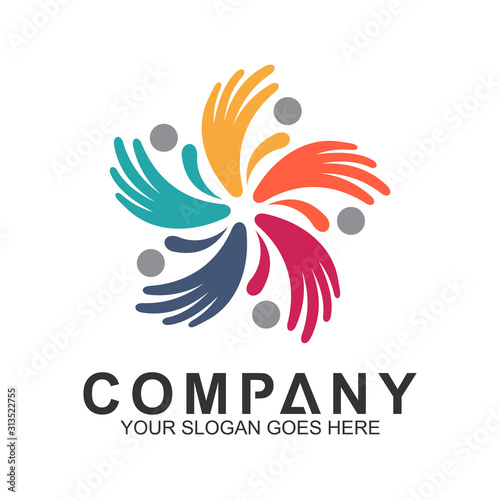 abstract people with hand logo design, human health,care,charity and community logo vector,colorful kids care icon