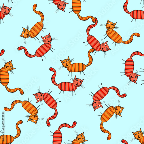 Cute seamless pattern. Cute rabid Vector illustration of a hand-drawn contour doodle colorful striped cat on a beautiful background.
