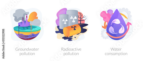 Aqua contamination. Natural resources wasting. Nuclear damage. Groundwater pollution, radioactive pollution, water consumption metaphors. Vector isolated concept metaphor illustrations