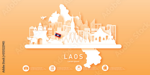 Travel Laos panorama postcard, poster, tour advertising of world famous landmarks in paper cut style. Vectors illustrations