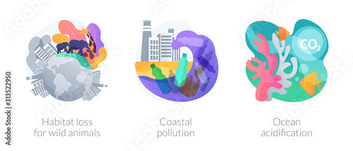Biodiversity reducing, urbanization problem. Biological impact. Habitat loss for wild animals, coastal pollution, ocean acidification metaphors. Vector isolated concept metaphor illustrations