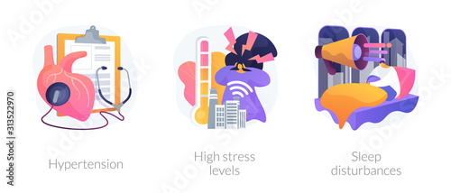 High blood pressure. Insomnia and somnipathy. Psychological problems, anxiety idea. Hypertension, high stress levels, sleep disturbances metaphors. Vector isolated concept metaphor illustrations