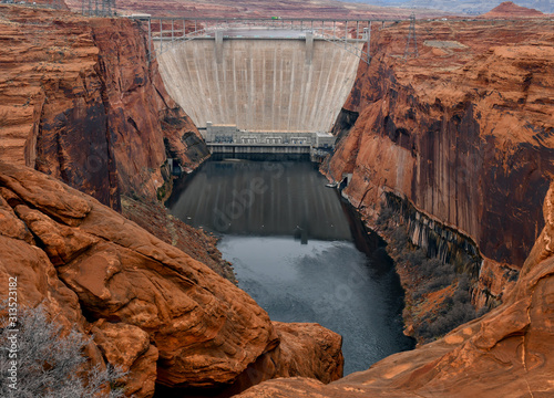 Glen Canyon Dam on Colorado River which creates Lake Powell near Page Arizona