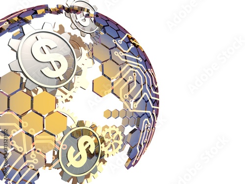 Hexagon consisting of tech globe with gear currency symbols, teamwork and fintech, dollar symbol