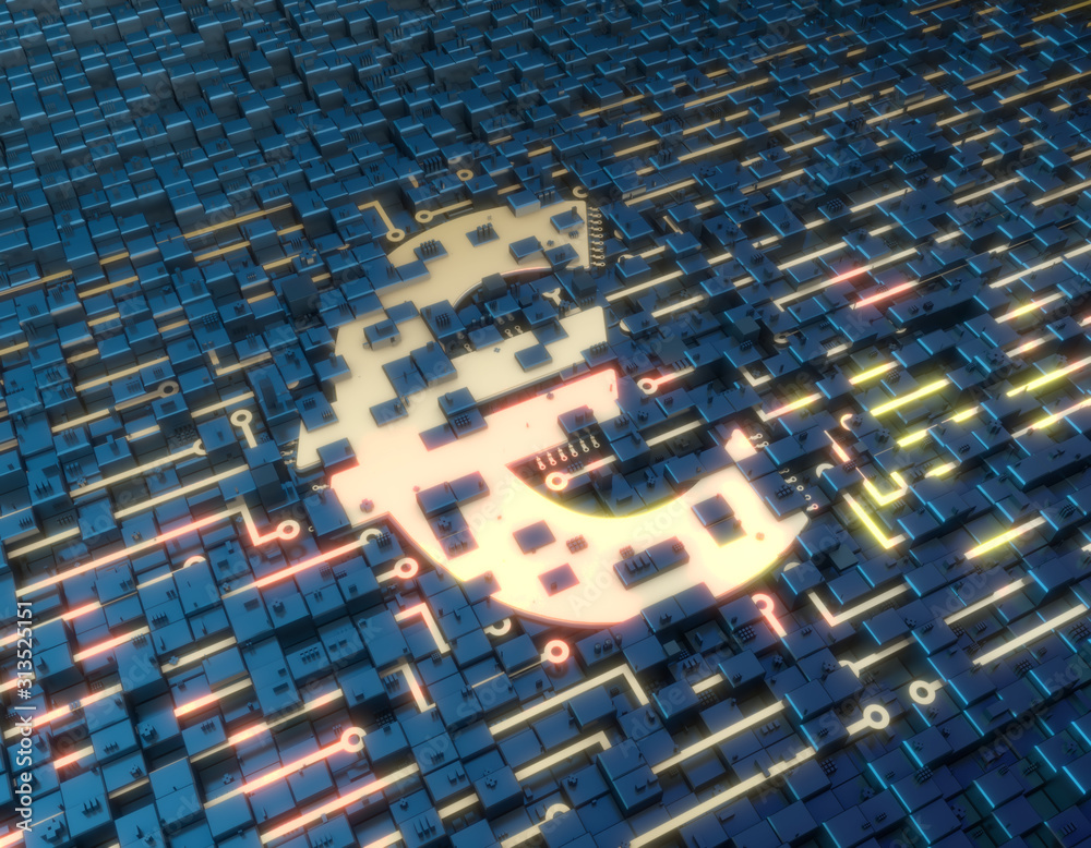 Obraz premium Circuit board with euro symbol, electronic network information security, information transmission and fintech