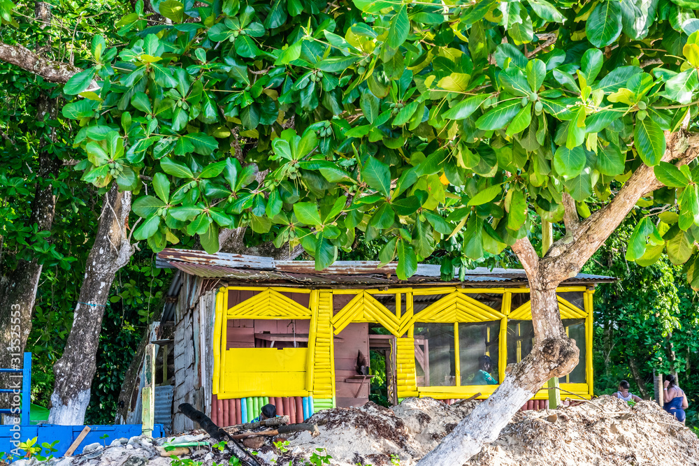 Portland, Jamaica. Traditional outdoor vendor bamboo/ wood/ board Cook