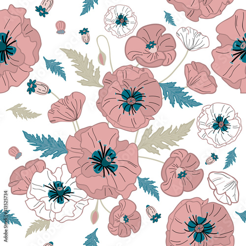Peach poppy flower seamless pattern. Good for textiles, wallpaper, home furnishing, background, surface pattern.