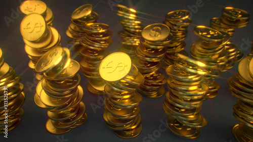 Pile of glitter shiny golden coins 3D render illustration photo