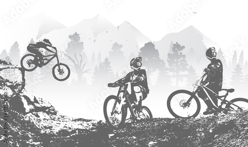 Downhill mountai biking freeride and enduro illustration. Bicycle background with silhouette of downhill riders in mountain. photo