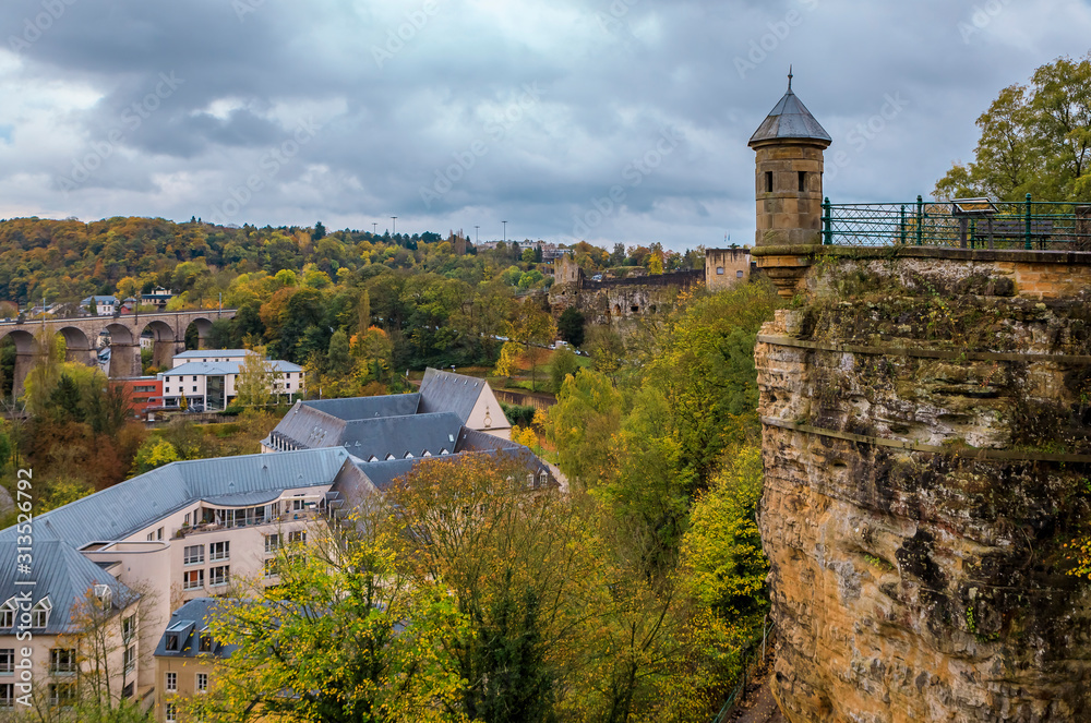 Spanish Turret by the Three Towers, historic monument build in the 17th century in Luxembourg UNESCO World Heritage Site