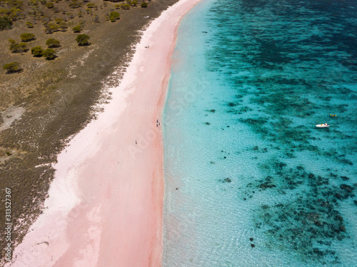 Pink Beach in Padar Island, Flores, Indonesia aerial view 