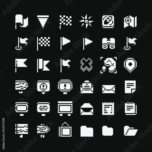 1 bit pixel art icons set, pointers, navigation, map, binoculars, label, flag, compass, signboard, letter, folder, design for mobile app, sticker and web. Isolated vector illustration. 1 bit sprite. 