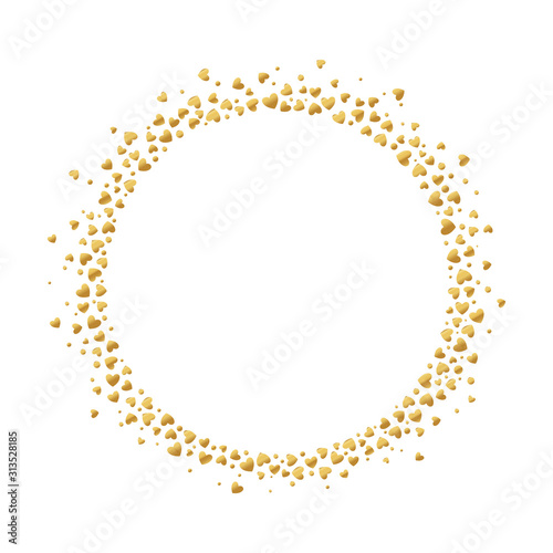 Round frame with gold confetti hearts and circles isolated on white background. Golden explosion of confetti. Holiday background. 