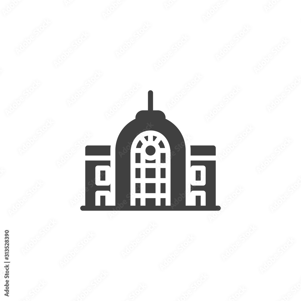 Railway station building vector icon. filled flat sign for mobile concept and web design. Office buildings architecture glyph icon. Symbol, logo illustration. Vector graphics