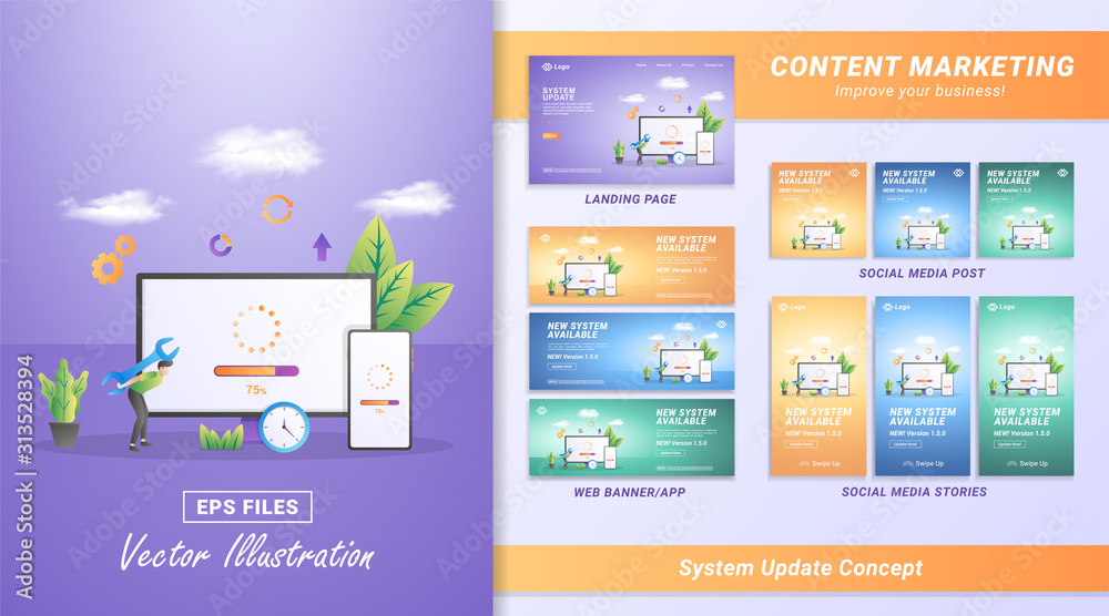 Flat design concept of updating system. The process of upgrading to System Update, replacing newer versions and installing programs. Can use for web landing page, mobile app, web banner.