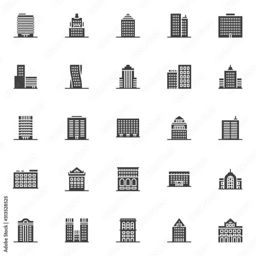 City buildings architecture vector icons set, modern solid symbol collection, filled style pictogram pack. Signs logo illustration. Set includes icons as office building, municipal library, hotel home