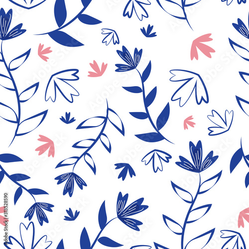 Pink and blue floral seamless pattern. Good for textiles, home furnishing, background, wrapping, children clothing, surface pattern
