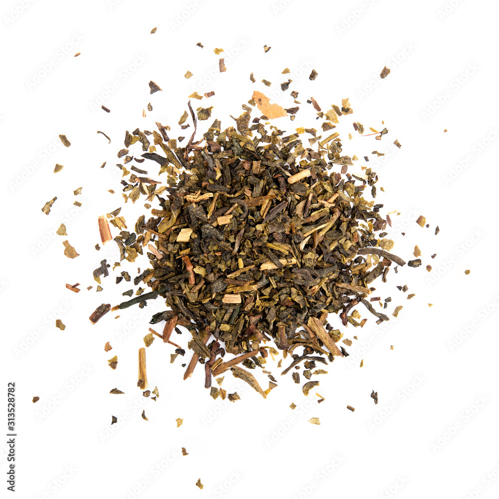 Pile of dry green tea isolated on white background top view food object design Pile of dry green tea isolated on white background top view food object design
