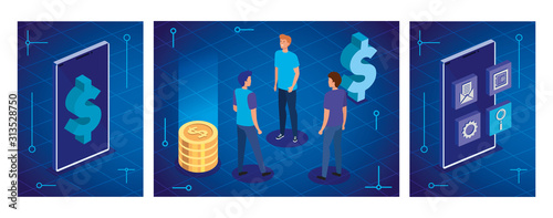 set scenes of people with smartphone and icons