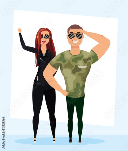 young military man with rude woman characters