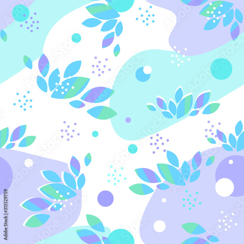 Vector seamless pattern, texture with leaves and abstract elements. Spring gentle colors purple, green, blue, mint. Foliage, dots, circles. Print for textiles, paper, covers.