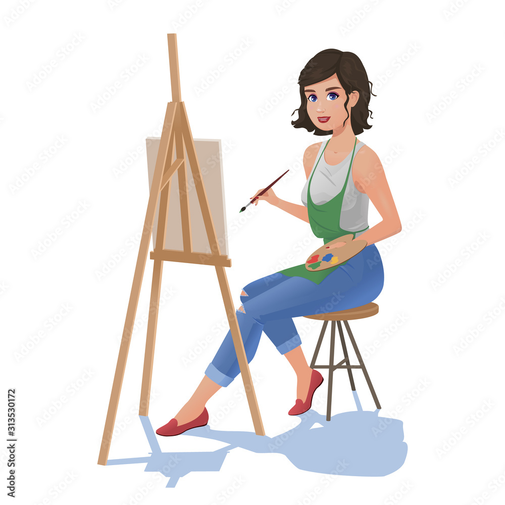 Fototapeta premium Girl with easel paints and brush