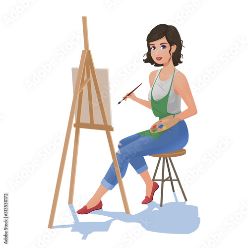 Girl with easel paints and brush