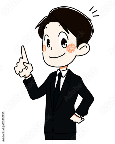 スーツを着て指を立てる若い男性