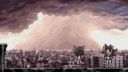 vector pixel art storm city